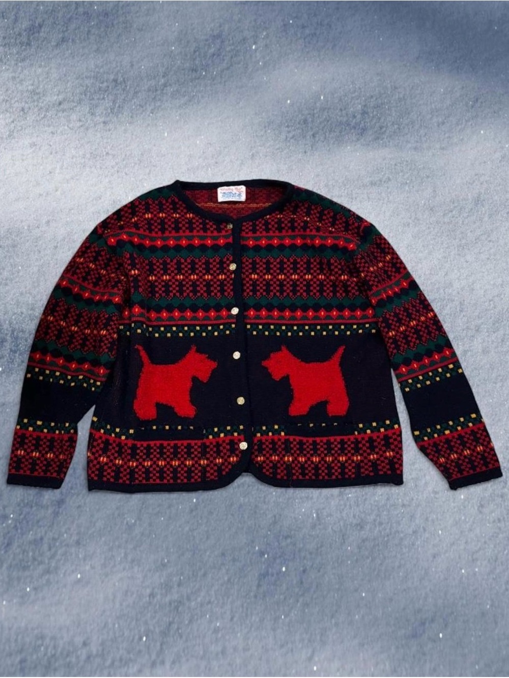 Vtg Tally Ho Christmas Cardigan - Navy w/ Red Scottie Dog Motif and Gold Buttons